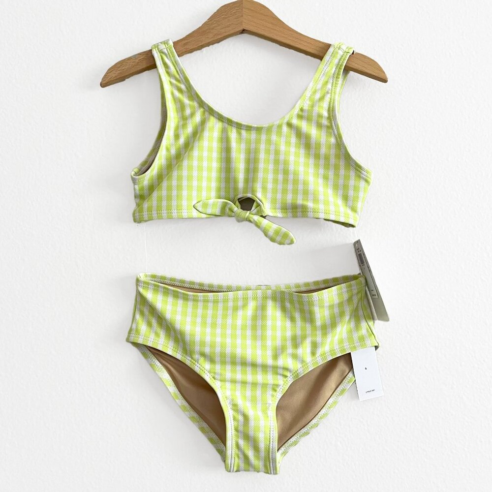 NWT ON Girls Tie Front Bikini Swimsuit Green Check size S